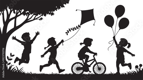 Silhouette illustration of children playing outdoors in a park setting vector design