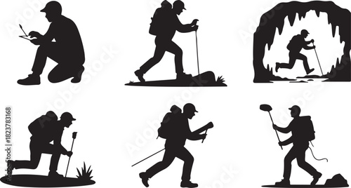Silhouette illustrations of adventure people hiking in various environments outdoor activities
