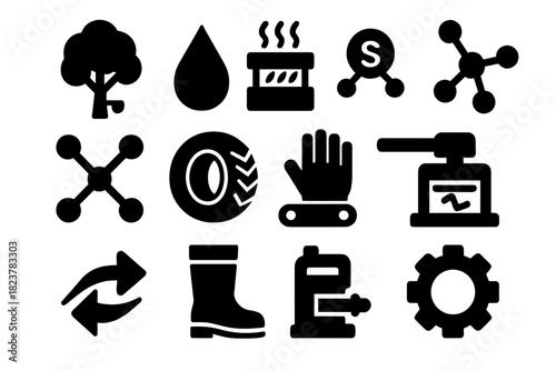 Vulcanization Icon Set. Solid style icons of vulcanization of rubber: rubber tree, latex droplet, heated press, sulfur atom,