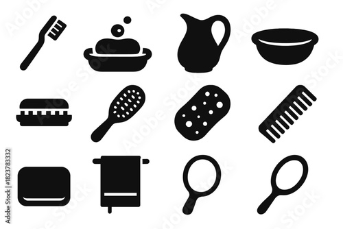 Classic Hygiene Icons. Solid style icons of Classic Hygiene Tools: Toothbrush, Soap Dish, Water Pitcher, Wash Basin, Nail Brush,