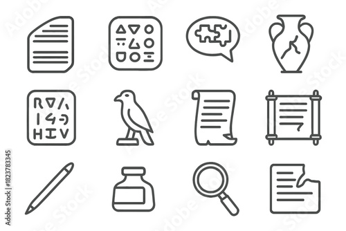 Archaeolinguistic Iconography. Line style icons of Archaeolinguistics: Rosetta Stone, Undeciphered Script, Linguistic Puzzle,