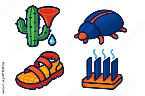Desert Survival Innovations. Isometric vector illustration set Desert Survival Designs: Cactus-inspired water collector, beetle