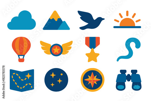 Sky Adventure Icons. Flat vector icons of Sky Adventure: cloud, mountain peak, flying bird, sunrise horizon, hot air balloon,
