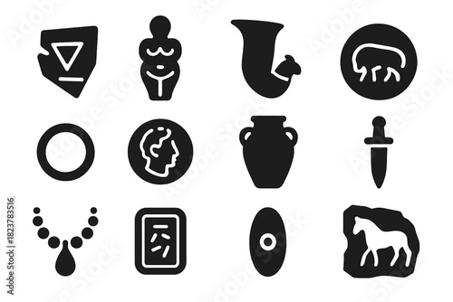Archaeological Icons Collection. Solid style icons of Archaeological Finds: Shard, Figurine, Rhyton, Seal Stone, Ring, Coin, Jar,
