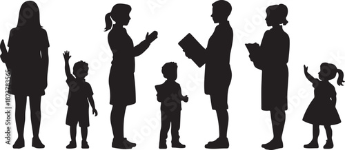 Silhouettes of people standing and interacting business and education concept