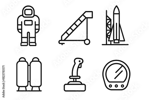 Space Travel Icons. Line style icons of Space Travel: astronaut suit, boarding ladder, launch pad, fuel tank, control joystick,
