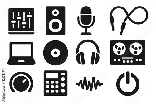 Studio Vibes Icons. Solid style icons of Studio Vibes: Mixing Console, Monitor Speaker, Microphone, Patch Cable, Laptop, Vinyl