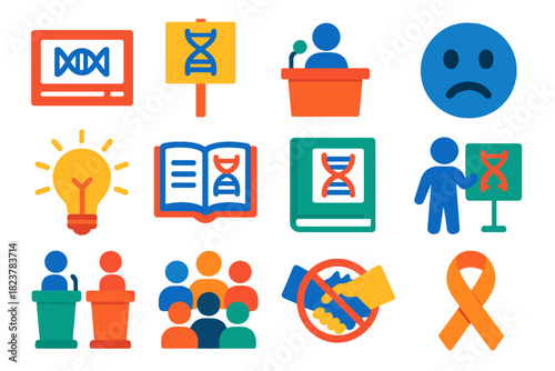 Genetics Perception Icons. Flat vector icons of public perception of genetics: media headline DNA, protest sign, public forum