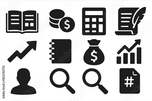 Solid Financial Icons. Solid style icons of financial records and bookkeeping: ledger, coin, calculator, scroll, quill, arrow,