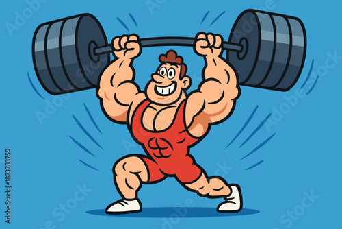 Playful Cartoon Weightlifter. Cartoon weightlifter with bold exaggerated muscles lifting heavy barbells, vector illustration