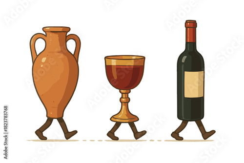 Wine Through Ages. Timeline of wine history with ancient amphorae, medieval goblets, and modern bottles parading together No text,
