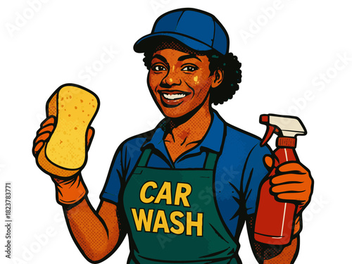 cheerful car wash employee holding a sponge, perfect for service, cleaning, and business themes. Generative ai vector colorful pop art illustration.