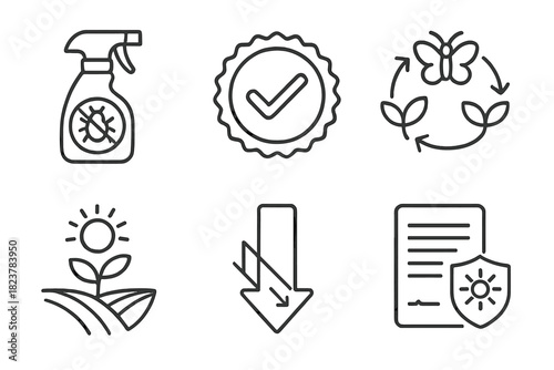 Sustainable Pest Solutions Icons. Line style icons of Sustainable Pest Solutions: low-risk pesticide label, IPM certified badge,