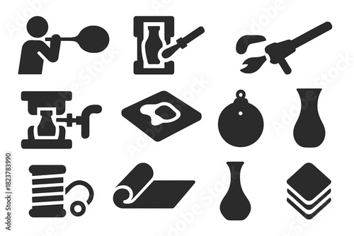 Glass Forming Icons. Solid style icons of glass forming techniques: freehand blowing, mold casting, lampworking torch, pressed