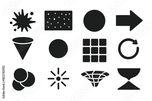 Cosmological Icons Collection. Solid style icons of cosmological models: Big Bang icon, cosmic microwave background, flat universe