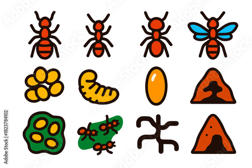 Ant Colony Icons. Flat vector icons of ant colony social structure: queen ant, worker ant, soldier ant, drone ant, egg cluster,