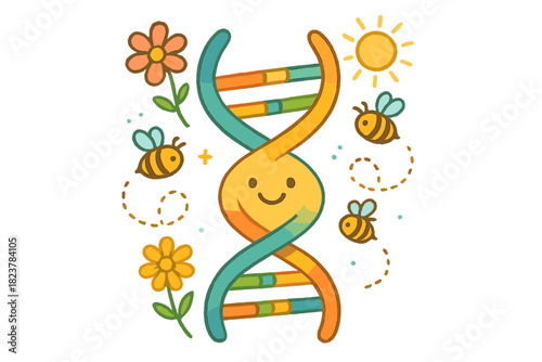 Smiling DNA Ribbon. DNA double helix shaped like a smiling ribbon with flowers, bees, and sunshine influencing its colors No text,