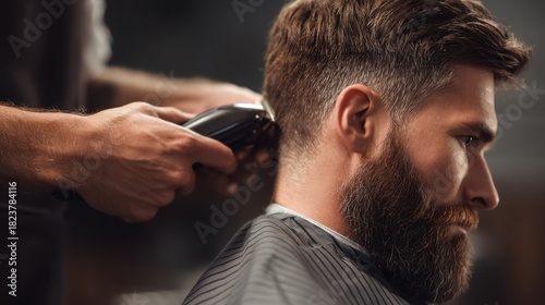 Close-Up of Barber Cutting Hair with Clipper on Male Client in Modern Barbershop Setting