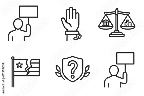 Rights vs Law Icons. Line style icons of Rights vs Law Conflict: protester silhouette, civil disobedience hand, courtroom vs