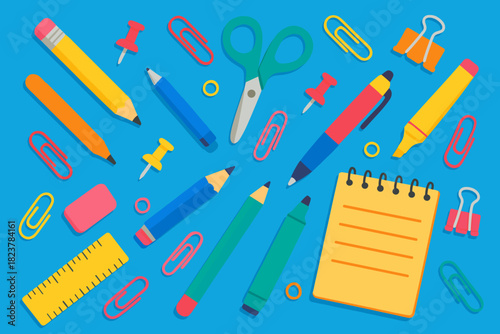 Colorful Stationery Flat Lay. Flat lay of colorful stationery supplies scattered on a bright blue surface, vibrant and playful,