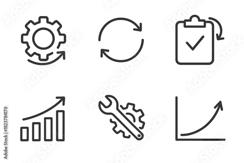 Continuous Improvement Icons. Line style icons of Continuous Improvement: cycle gear arrow, iteration loop, review icon, feedback