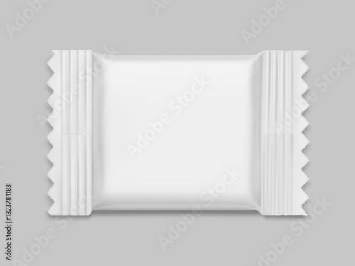 Realistic flow pack for candy mockup. Front view. Vector illustration on grey background. Easy to use for presentation your product, idea, design. EPS10.