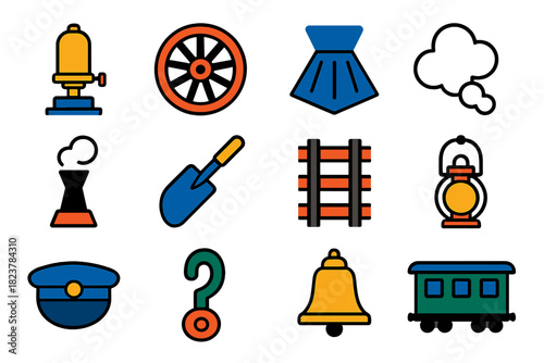 Steam Locomotive Icons. Flat vector icons of Steam Locomotive: whistle, drive wheel, cowcatcher, steam cloud, smokestack, coal