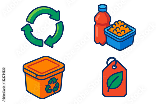 Circular Economy Icons. Isometric vector illustration set Circular Economy Icons: Closed recycling loop, plastic-to-pellet