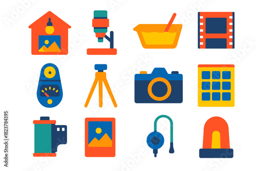 Analog Photography Icons. Flat vector icons of Analog Photography: darkroom, enlarger, developer tray, film negative, light meter,