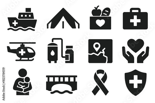 Humanitarian Aid Icons. Solid style icons of Humanitarian Diplomacy: aid ship, relief tent, food parcel, first aid box, rescue