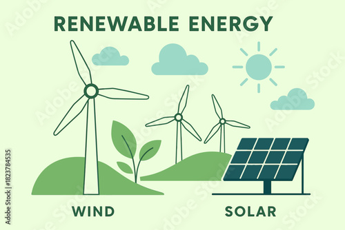 Renewable Energy Infographic. Flat vector infographic about renewable energy sources, wind turbines and solar panels, minimalist