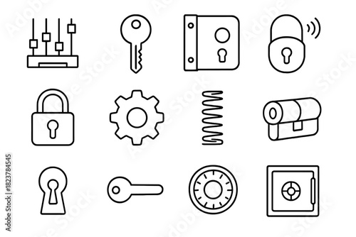 Locksmith Tools Icons. Line style icons of Locksmith Tools: Tumbler, Key, Lock Mechanism, Security Device; Padlock, Gear, Spring,