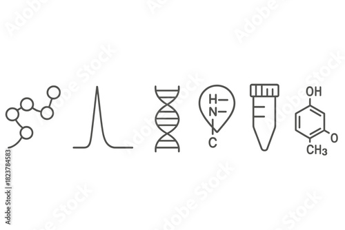 Biomolecular Analysis Icons. Line style icons of Biomolecular Analysis: peptide chain, protein peak, DNA fragment, amino acid