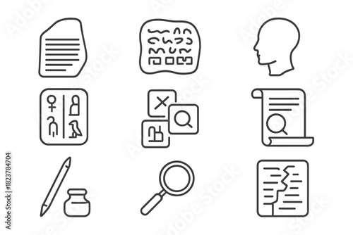 Archaeolinguistic Iconography. Line style icons of Archaeolinguistics: Rosetta Stone, Undeciphered Script, Linguistic Puzzle,