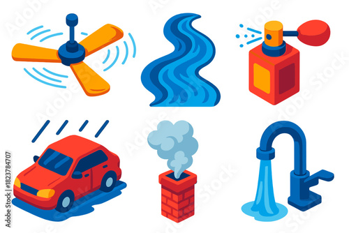 Dynamic Fluid Icons. Isometric vector illustration set Everyday Fluid Dynamics: spinning ceiling fan, flowing river, perfume spray