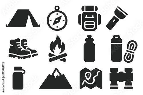 Outdoor Adventure Icons. Solid style icons of Outdoor adventure: tent, compass, backpack, hiking boots, campfire, flashlight,