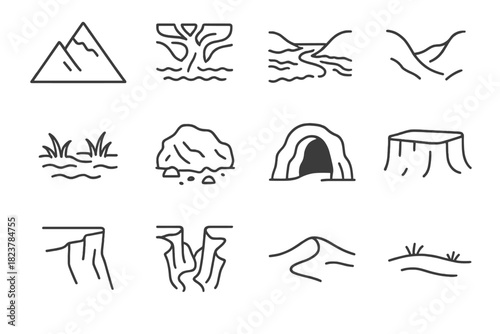 Geographic Feature Icons. Line style icons of geographic features: mountain peak, river delta, coastline, valley; swamp, glacier,