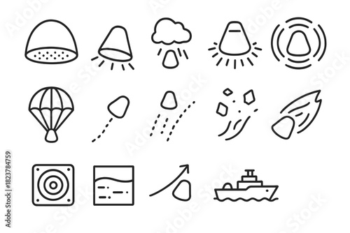 Reentry Process Icons. Line style icons of reentry process: heat shield, plasma cloud, glowing capsule, shockwave; parachute,