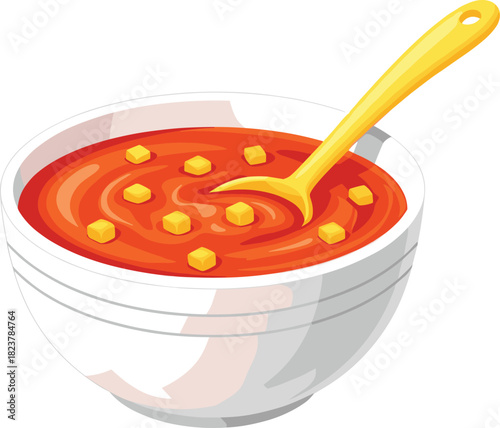 Bowl of Hot Tomato Soup with Croutons and Yellow Spoon, Cozy, Comfort Food, Winter, Healthy, Meal, Dinner, Lunch, Appetizer, Delicious, Kitchen, Isolated, Vector, Illustration, Food.