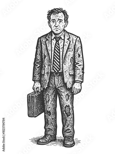 disheveled businessman holding a briefcase, representing stress, burnout, and hard times sketch engraving generative ai fictional character vector illustration. Scratch board. Black and white image.