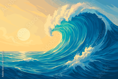 Illuminated Ocean Wave. Scenic view of a massive ocean wave illuminated vector illustration by soft sunlight, vibrant blue and