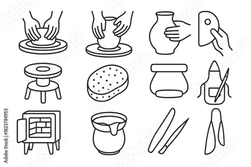 Ceramic Crafting Icons. Line style icons of Ceramic Shaping: Clay Centering, Wall Pull, Forming, Rib Tool; Potter’s Wheel, Sponge,