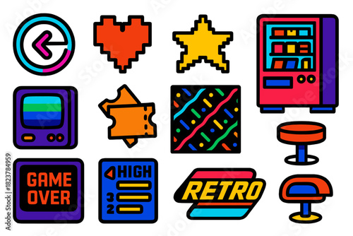 Retro Arcade Icons. Flat vector icons of Arcade Atmosphere: neon light, pixel heart, 8-bit star, token stack, CRT glow, ticket