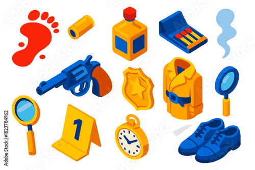 Noir Detective Icons. Isometric vector illustration set Noir Investigation: bloody floor trace, single bullet casing, square