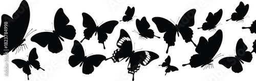 Butterflies Flying Seamless Pattern Vector: Black Silhouettes of Fluttering Insects Creating a Decorative Border for Nature and Design.