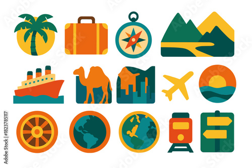 Vintage Travel Icons. Flat vector icons of Vintage Travel Posters: palm tree, suitcase, compass, mountain, ocean liner, desert