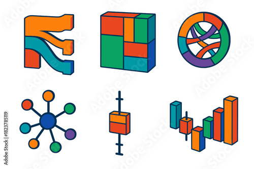 Vibrant Data Chart Icons. Isometric vector illustration set Advanced Data Charts: Sankey diagram, treemap blocks, chord diagram,