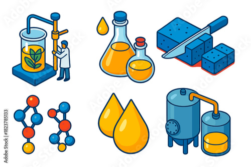 Oleochemistry Icon Set. Isometric vector illustration set Oleochemistry: lipid extraction, reaction flasks with oils, soap cutting