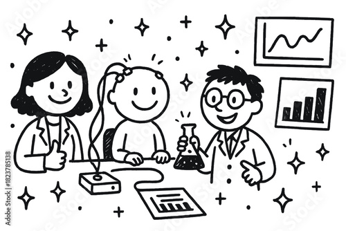 Joyful Research Experiment. Playful doodle experimental trial setup with smiling researchers, cartoon participants, cheerful data