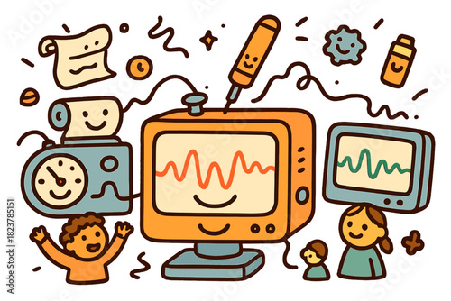 Joyful Seismograph Lab. Joyful doodle seismograph lab with happy instruments, cartoon waves bouncing on screens, tiny characters